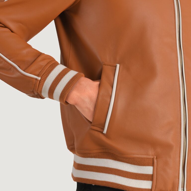 Mens Cooper Tan Brown Leather Varsity Jacket Close-Up-9-1704123703024